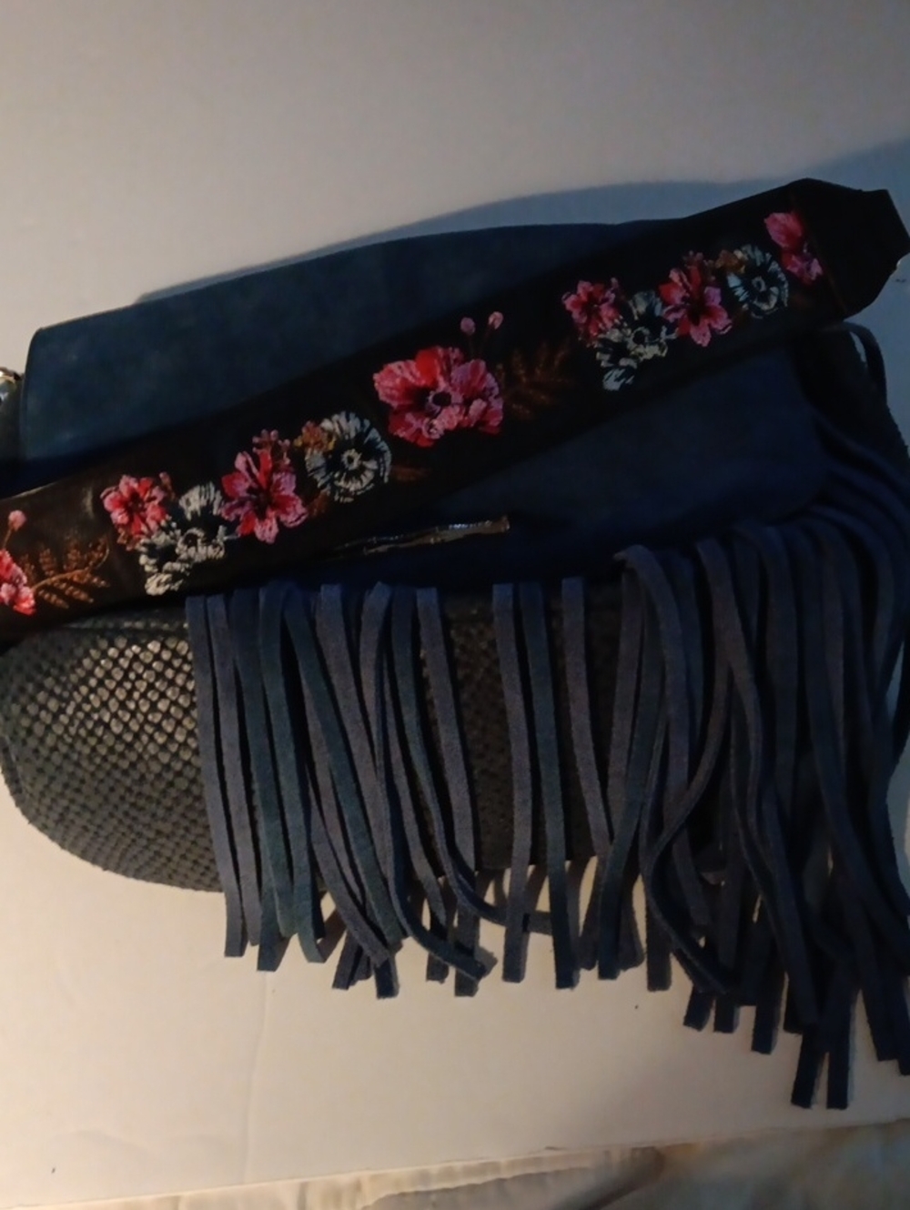 Elaine Turner Navy Fringed Crossbody with Embroidered Floral Strap Good Cond